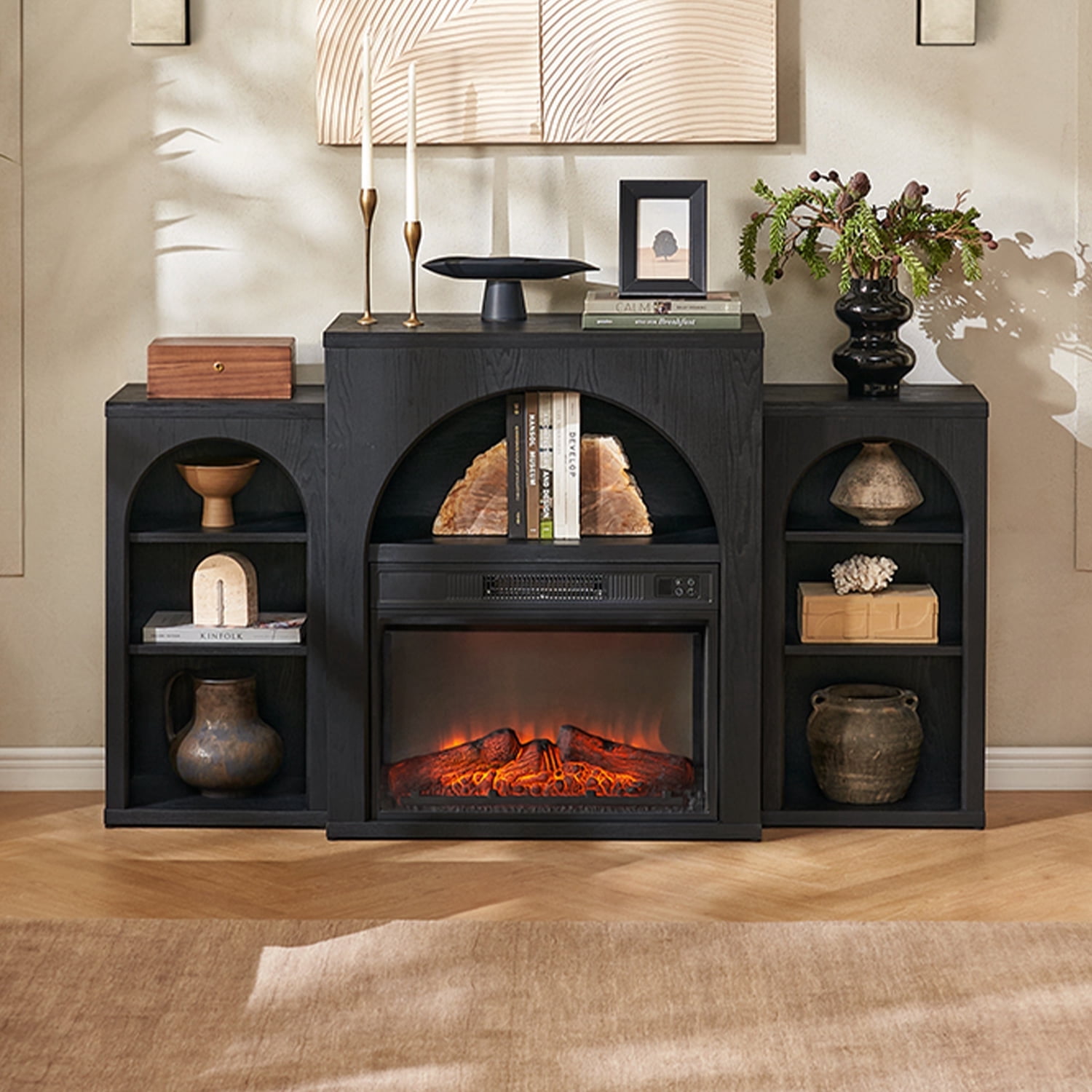 Mopio Blake 59" Arched TV Stand, Fireplace Mantel, Modular Side Storage Shelves, Entertainment Center for Living Room, Credenza, Media Console (Black, With Insert)