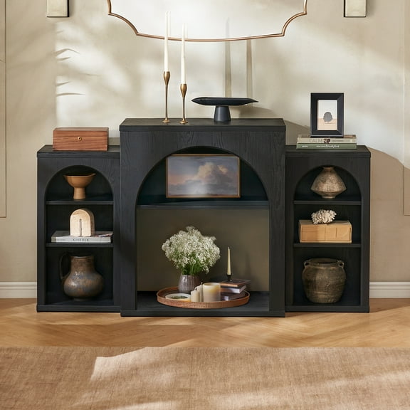 Mopio Blake 59" Arched TV Stand, Fireplace Mantel, Modular Side Storage Shelves, Entertainment Center for Living Room, Credenza, Media Console (Black, No Insert)