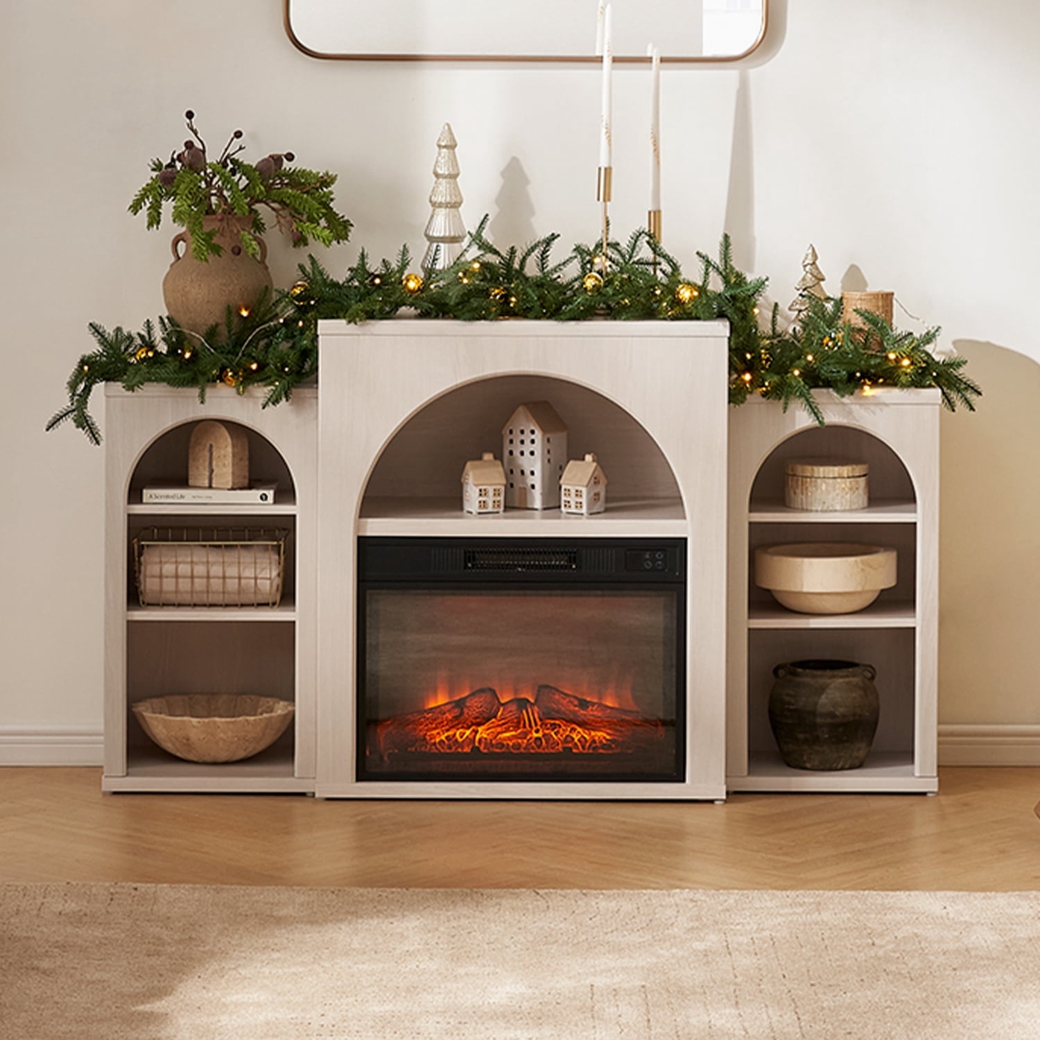 Mopio Blake 59" Arched TV Stand, Fireplace Mantel, Modular Side Storage Shelves, Entertainment Center for Living Room, Credenza, Media Console (White, With Insert)
