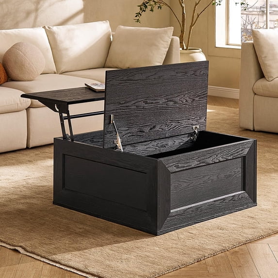 Mopio Blake Lift Top Coffee Table with Storage, Square Wood Coffee Table, Coffee Table with Easy Lifting Top, Modern Farmhouse Wood Center Table for Living Room, Chamfered Edge & Soft Closing (Black