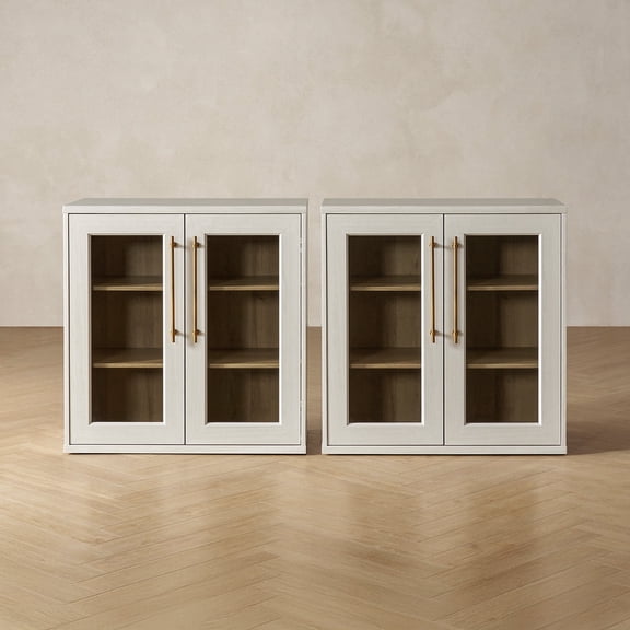 Mopio Blake Storage Cabinet, Sideboard Buffet Cabinet with Storage, Small Modular Accent Display Cabinet, Kitchen Coffee Bar Pantry Cabinet, Media Console Credenza for Living Room (Set of 2, White)