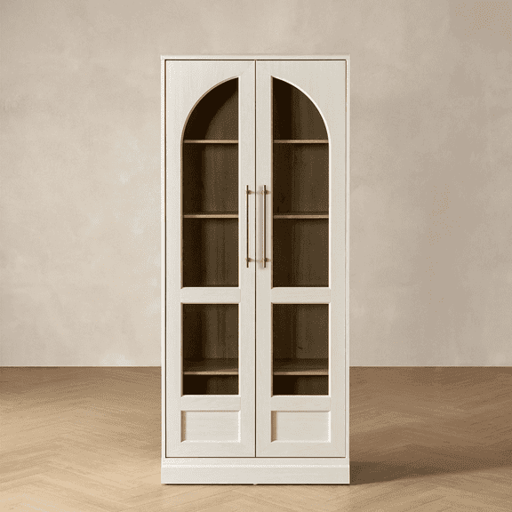 Mopio Blake Tall Display Cabinet, Kitchen Buffet Pantry Cabinet, Trophy Display Case, Storage Cabinet Scratch Resistant Acrylic, Modern Farmhouse Curio Cabinet with Doors & Shelves (Arched, White)