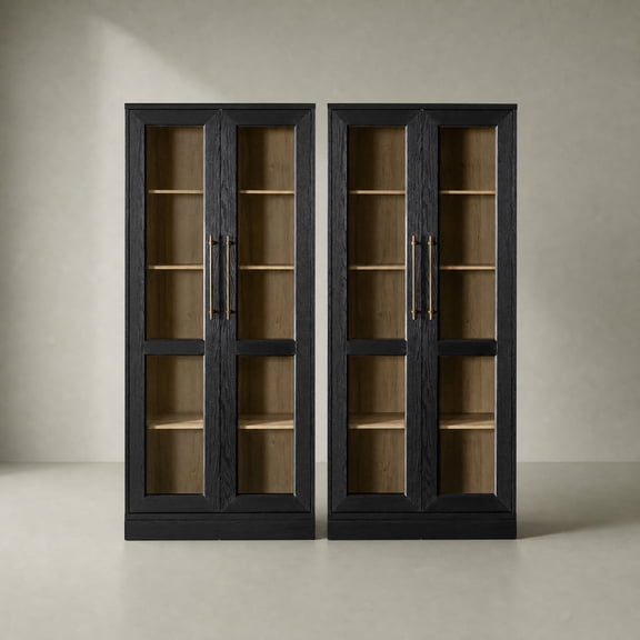 Mopio Blake Tall Display Cabinet, Kitchen Buffet Pantry Cabinet, Trophy Display Case, Storage Cabinet Scratch Resistant Acrylic, Modern Farmhouse Curio Cabinet with Doors & Shelves (Set of 2, Black)