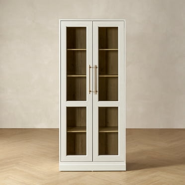 Mopio Blake Tall Display Cabinet, Kitchen Buffet Pantry Cabinet, Trophy Display Case, Storage Cabinet Scratch Resistant Acrylic, Modern Farmhouse Curio Cabinet with Doors & Shelves (Angled, White)