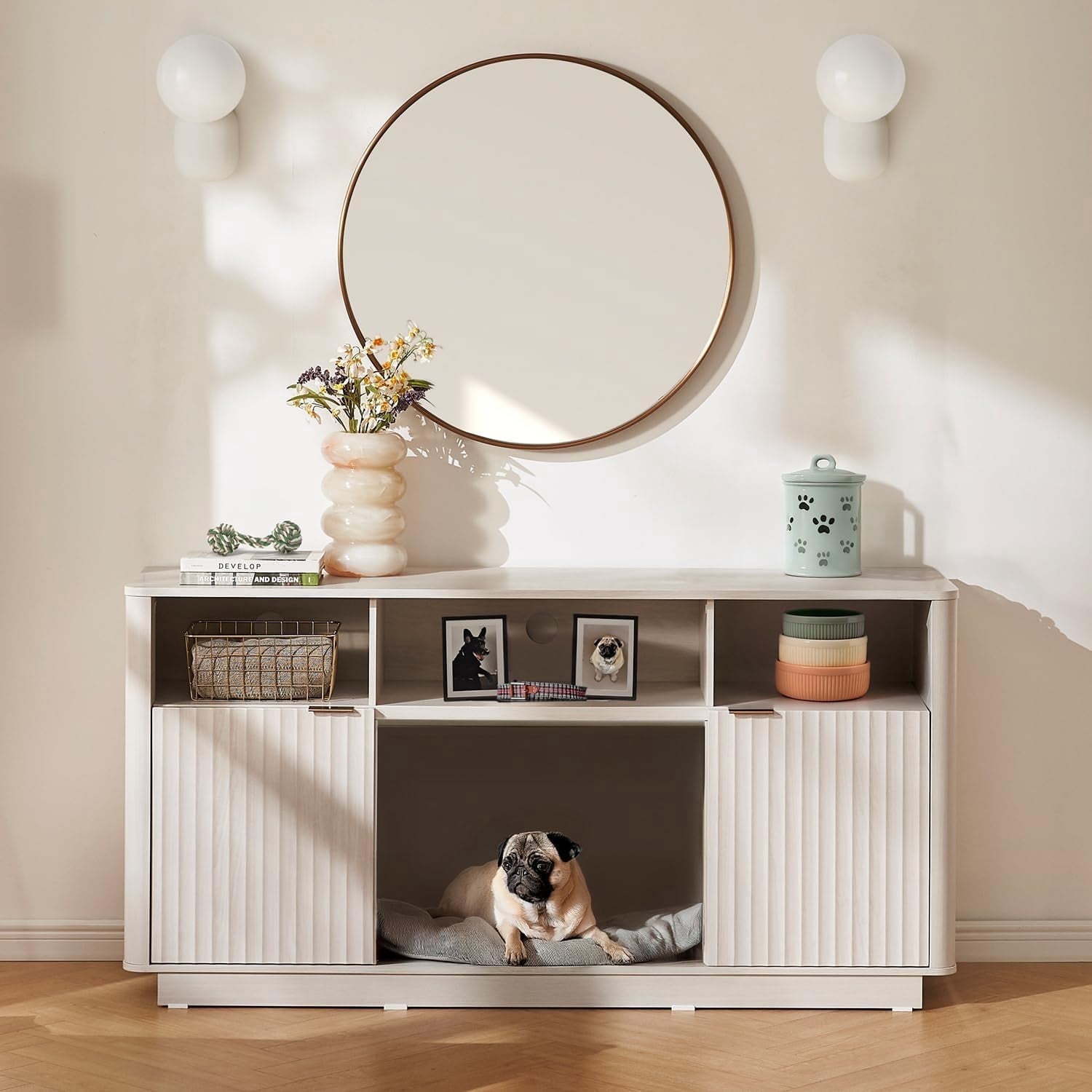 Mopio Brooklyn 59" Fluted Tall TV Stand, Fireplace Television Console, Media Storage Cabinet, Entertainment Center for Living Room, TV Table, Credenza (White, No Insert)