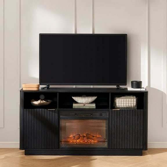 Mopio Brooklyn Electric Fireplace TV Stand - 59 Inch TV Stand with Storage for up to 70 Inch TV, Modern Farmhouse Entertainment Center, Fluted Fireplace TV Media Console (Black)