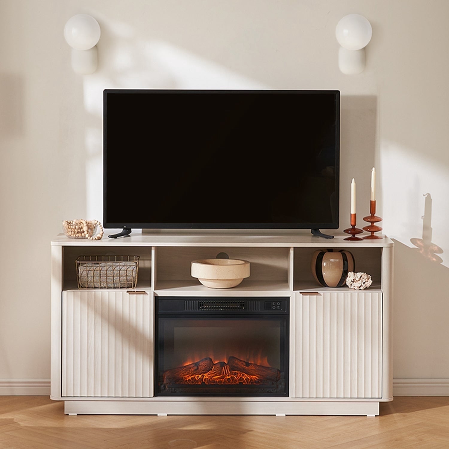 Mopio Brooklyn Electric Fireplace TV Stand - 59 Inch TV Stand with Storage for up to 70 Inch TV, Modern Farmhouse Entertainment Center, Fluted Fireplace TV Media Console (White)