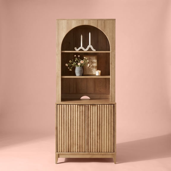 Mopio Brooklyn Fluted Storage Cabinet with Hutch, Sideboard Buffet Organizer, Kitchen Pantry Coffee Bar Station, Trophy Display Case, Curved Bookshelf Cabinet for Living Room, Oak