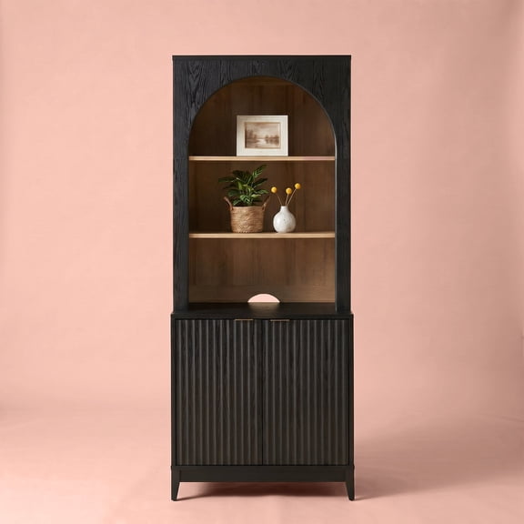 Mopio Brooklyn Fluted Storage Cabinet with Hutch, Sideboard Buffet Organizer, Kitchen Pantry Coffee Bar Station, Trophy Display Case, Curved Bookshelf Cabinet for Living Room, Black