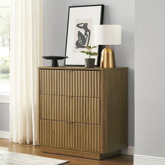 Mopio Brooklyn Mid-Century Modern Dresser Credenza, Waveform Panel, 3 Drawers, Anti-Tipping (Walnut)