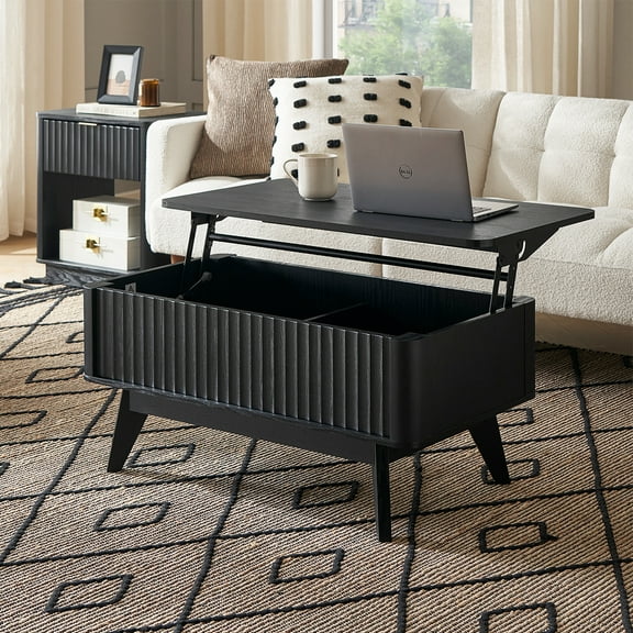 Mopio Brooklyn Mid-Century Modern Lift Top Coffee Table with Storage for Living Room, Waveform Panel (Black Oak)