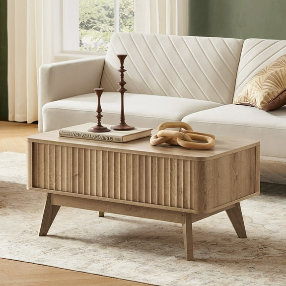 Mopio Brooklyn Mid-Century Modern Lift Top Coffee Table with Storage for Living Room, Waveform Panel (Oak)
