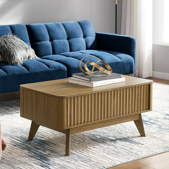 Mopio Brooklyn Mid-Century Modern Lift Top Coffee Table with Storage for Living Room, Waveform Panel (Walnut)
