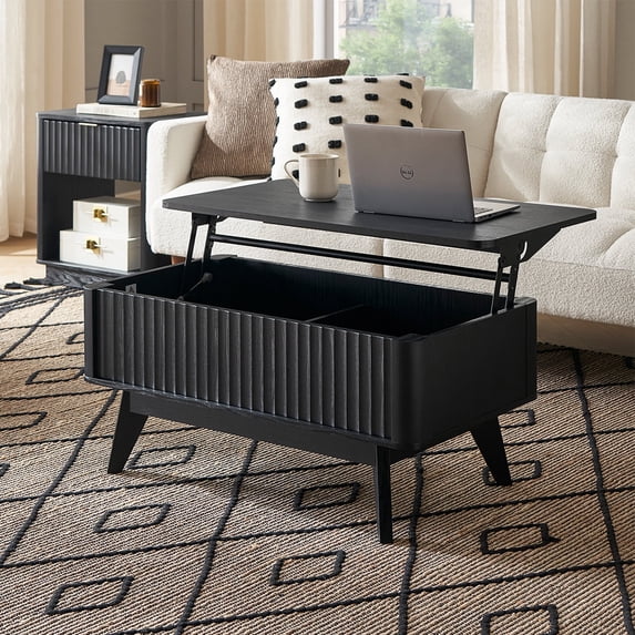 Mopio Lift-Top Coffee Table with Storage, Fluted Design, Black Oak Finish