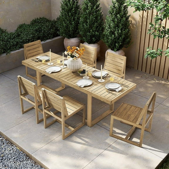 Mopio Bruno Outdoor Dining Set, Solid Acacia Wood Patio Table & Chairs Set for Indoor Outdoor Dining, Mid Century Modern Farmhouse Conversation Sets (6 Seater: Table + Extensions, 6 Chairs | 7 Piece)