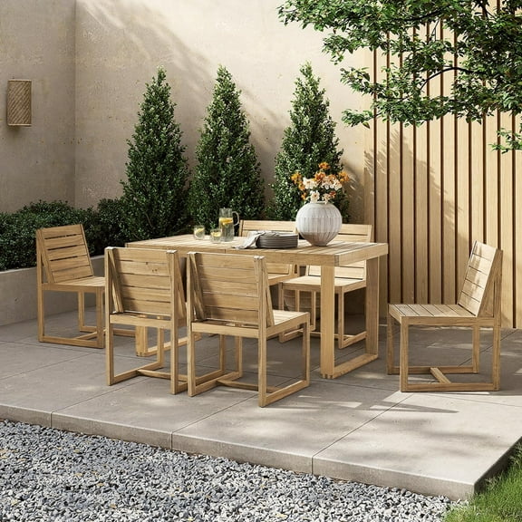 Mopio Bruno Outdoor Dining Set, Solid Acacia Wood Patio Table & Chairs Set for Indoor Outdoor Dining, Mid Century Modern Farmhouse Conversation Sets (6 Seater: Table, 6 Chairs | 7 Piece)