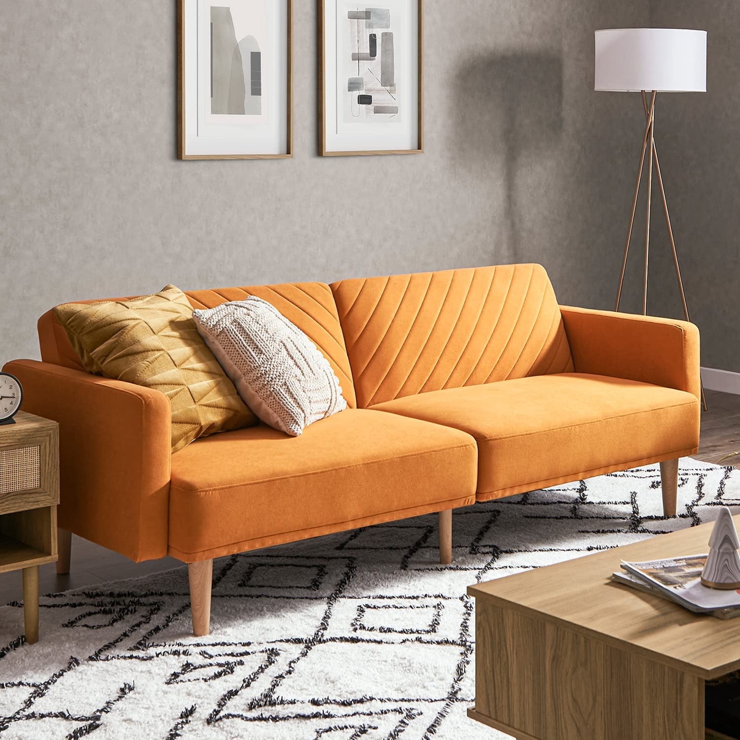 Mopio Chloe Futon Sofa Bed Convertible Sleeper Sofa with Tapered Legs Apricot Velvet