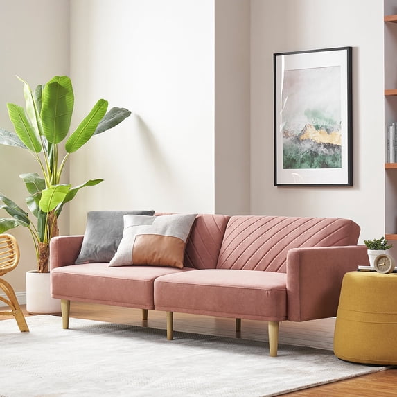 Mopio Chloe Futon Sofa Bed Convertible Sleeper Sofa with Tapered Legs Old Rosa Red Velvet