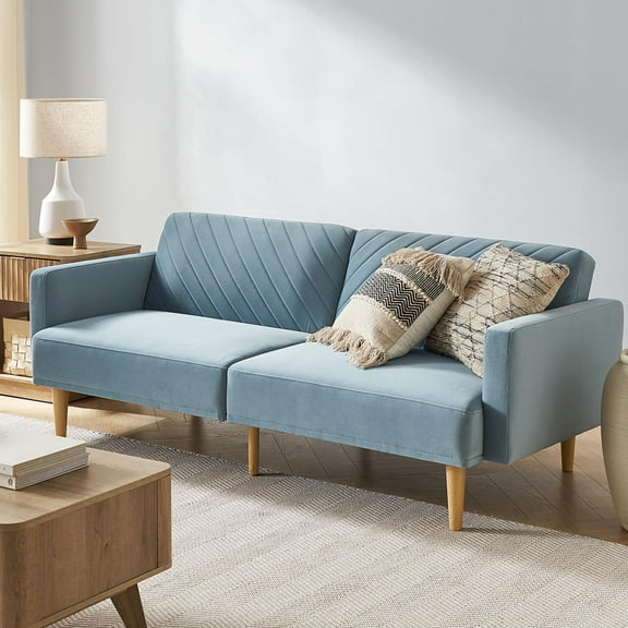 Mopio Chloe Futon Sofa Bed Convertible Sleeper Sofa with Tapered Legs Sky Blue Premium Velvet