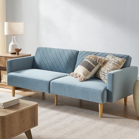 Mopio Chloe Futon Sofa Bed, Convertible Sleeper Sofa with Tufted Features, Twin Bed Size, Sky Blue