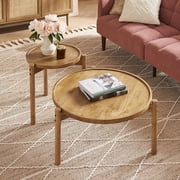 Mopio Dylan Round Modern Boho Nesting Coffee Table, Golden Brown Solid Wood