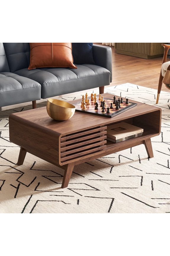 Ensley Mid-Century Modern Coffee Table with dual side storage, Centerpiece for your living room Walnut