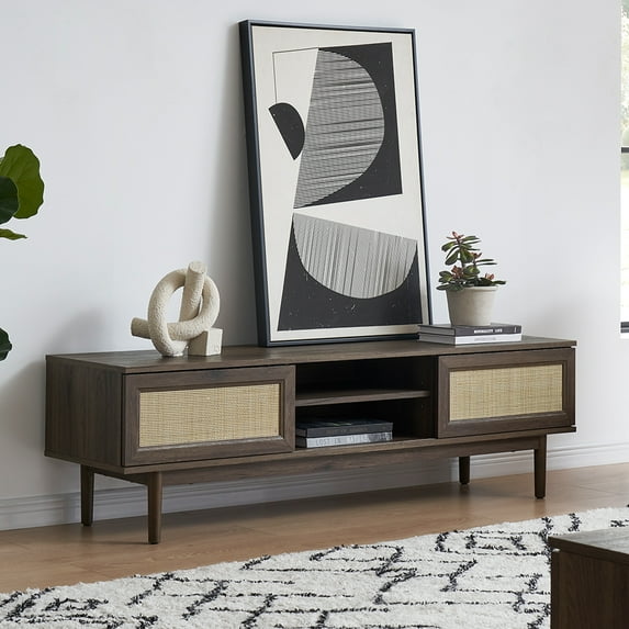 Mopio Haylee Modern Farmhouse Rattan 59" TV Stand Oak up to 60 inch TV Engineered Wood