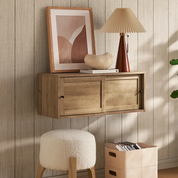Mopio Lauren 31" Floating TV Stand, Wall-Mounted Media Console with Storage, Modern Farmhouse Entertainment Center, Oak