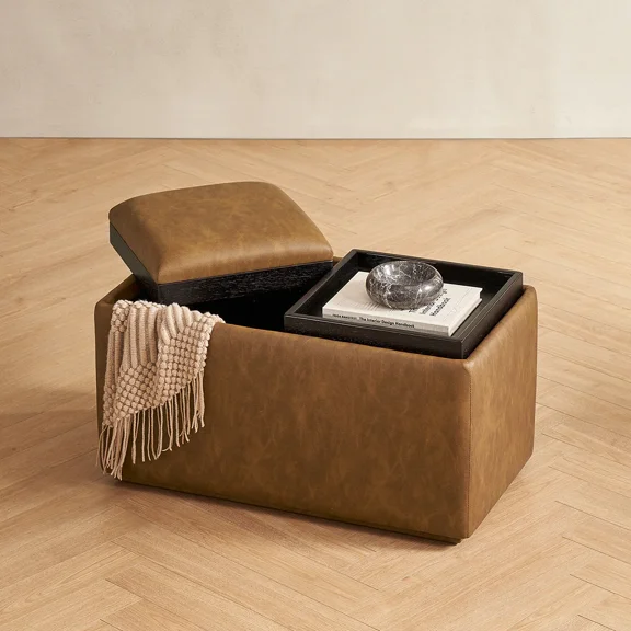 Mopio Levi Storage Tray Faux Leather Bench, Pecan Brown