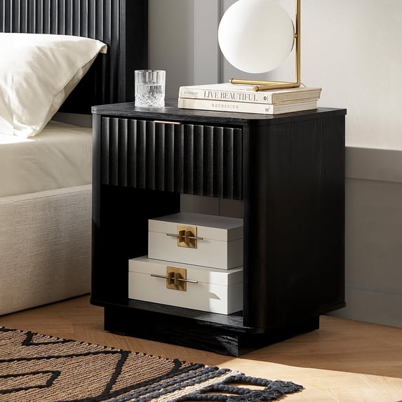 Mopio Brooklyn Black Oak Nightstand, Modern Farmhouse Side Table with Drawer and Storage, Fluted Panel, Curved Profile, Rose Gold Handle