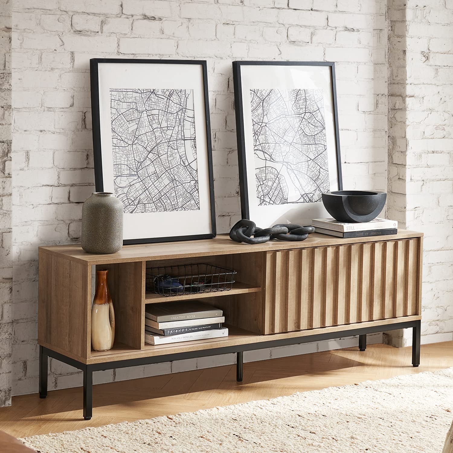 Mopio Norwin 64" TV Stand for TVs up to 70", Industrial Farmhouse, Shelves, Metal Legs (Riviera Oak)