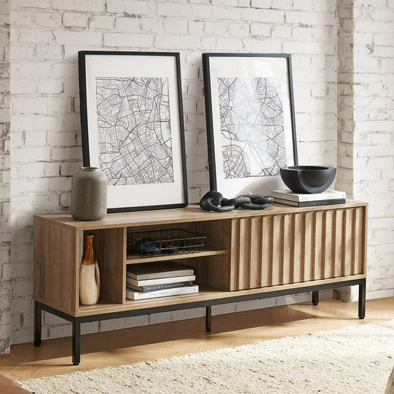 Mopio Norwin 64" TV Stand for TVs up to 70", Industrial Farmhouse, Shelves, Metal Legs (Riviera Oak)