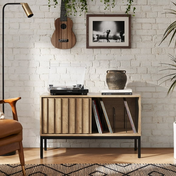 Mopio Norwin Record Player Stand with Vinyl Record Storage, Rustic Turntable Stand, Media Storage, Fluted Waveform Stereo Cabinet, Small TV Stand, Removable Dividers, Sturdy Metal Legs, Living Room