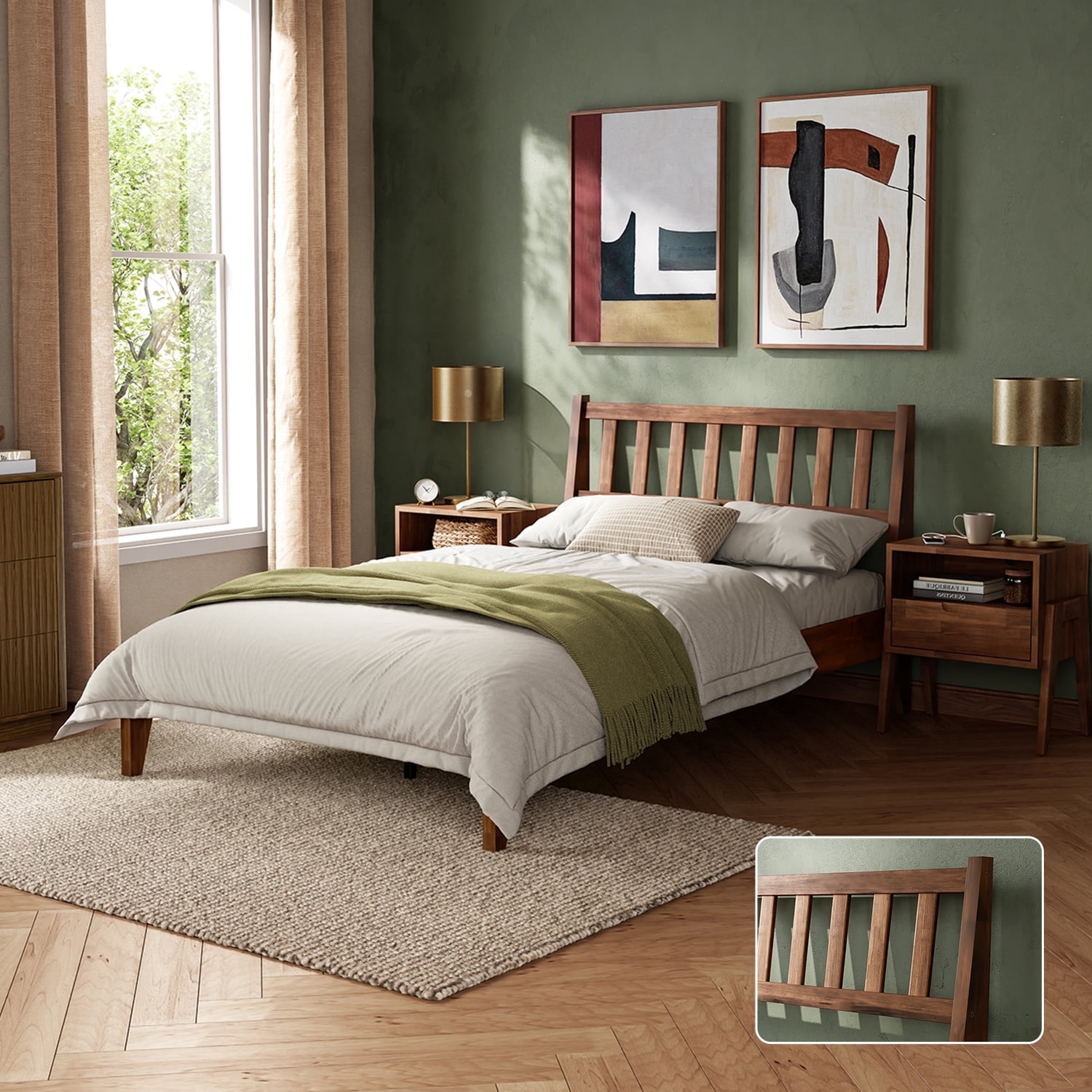 Mopio Ted Full Bed Frame with Headboard, Full Size Bed Frame, Mid Century Modern Acacia Solid Wood Platform Bed Frame, Wooden Bed Slats, No Box Spring Needed, Single Metal Bar Support, Walnut