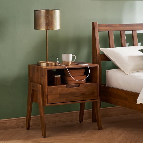 Mopio Ted Solid Wood Nightstand with Charging Station, Mid-Century Modern Bedside Table with Drawer, USB-C & USB-A Ports