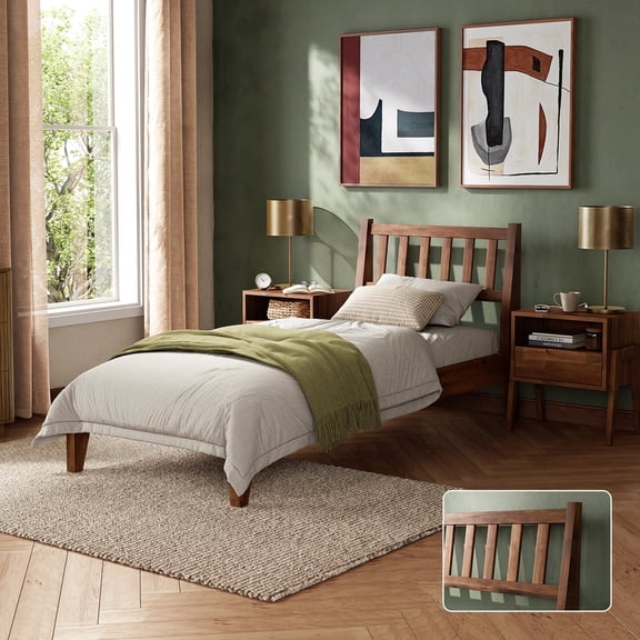 Mopio Ted Twin Bed Frame with Headboard, Full Size Bed Frame, Mid Century Modern Acacia Solid Wood Platform Bed Frame, Wooden Bed Slats, No Box Spring Needed, Walnut