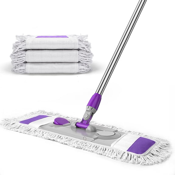 Dust Mop with 3 Reusable Washable Pads - One Touch Replacement, Extendable Stainless Steel Handle, Wet & Dry Mops for Floor Cleaning, Hardwood, Laminate, Tile Flooring Push Dust Mop, Purple