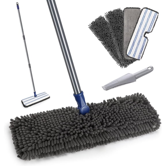 Mops for Floor Cleaning,  Flat Dust Mop with 4  Pads, 2-Sided Microfiber Dust Mop for Wet & Dry Use, Flat Flip Mops for Hardwood, Laminate, Vinyl,Kitchen, Tile -1 Scraper