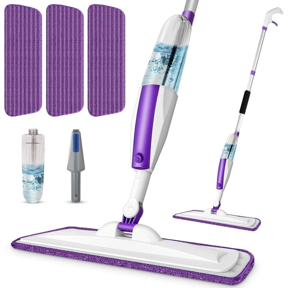 Mops for Floor Cleaning Floor Mop with a Refillable Bottle and 3 Washable Microfiber Pads or Commercial Use Dry Wet Flat Mop for Hardwood Laminate (Purple)