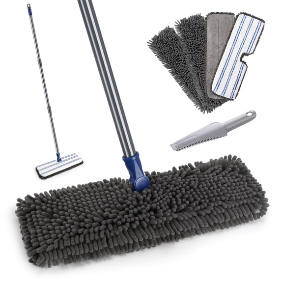 Mops For Floor Cleaning Flat Dust Mop With 4 Reusable Pads 2-sided Microfiber Wet & Dry Use Flip Hardwood Laminate Vinyl Kitchen Tile -1 Scraper