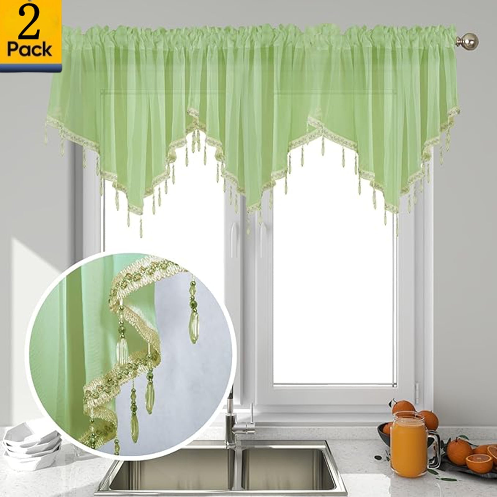 Moqsnm 2 Piece Beaded Triangle Sheer Valance Curtains for Windows Kitchen Living Room Bathroom Bedroom Voile Sheer Rod Pocket Short Window Valance Curtains (Green,51"x24")