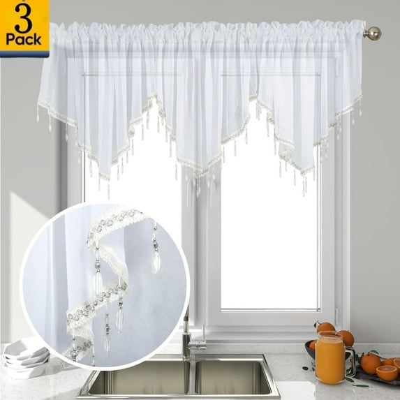 Moqsnm 3 Piece Beaded Triangle Sheer Valance Curtains for Windows Kitchen Living Room Bathroom Bedroom Voile Sheer Rod Pocket Short Window Valance Curtains (White,51"x24")