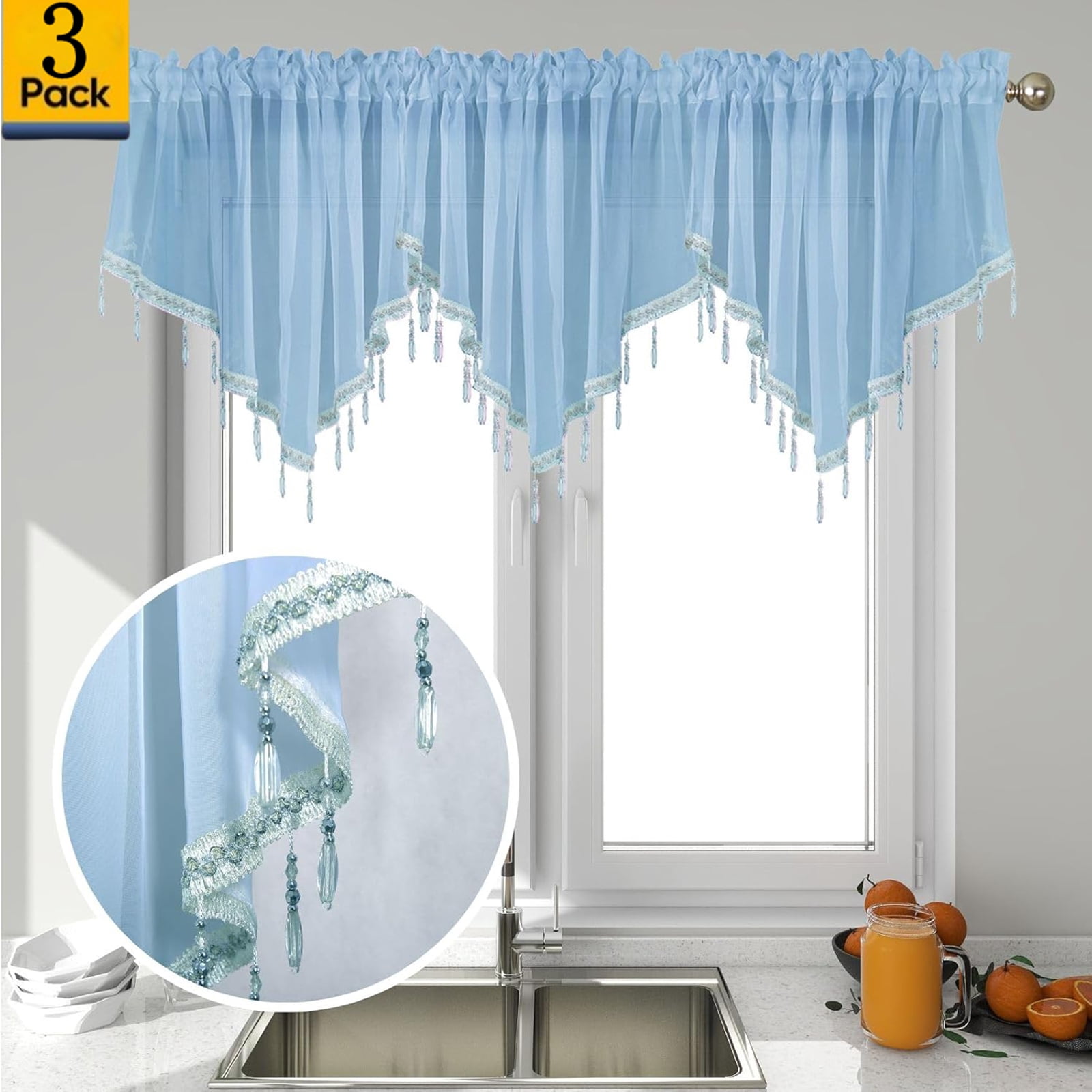 Moqsnm 3 Piece Beaded Triangle Sheer Valance Curtains for Windows ...