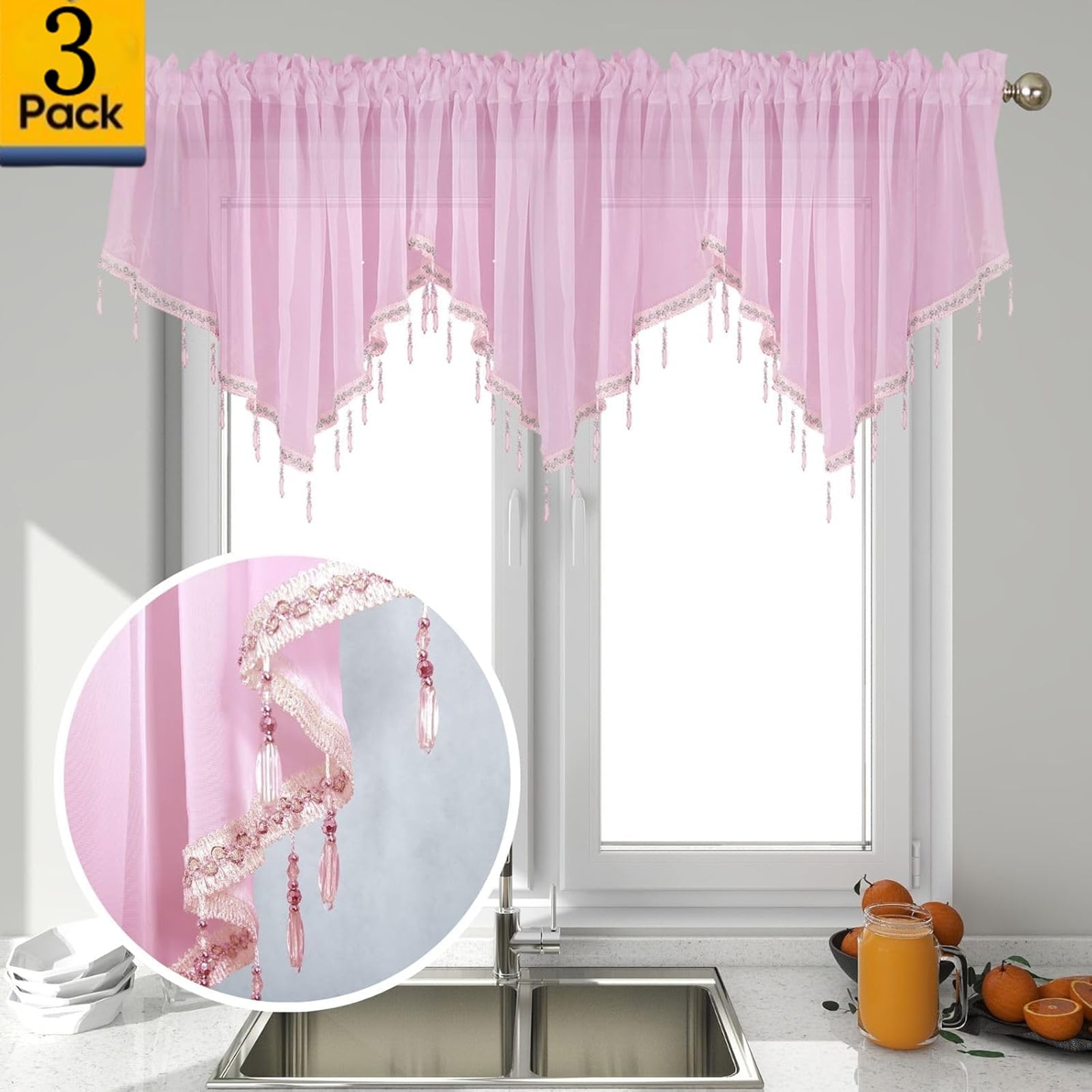 Moqsnm 3 Piece Beaded Triangle Sheer Valance Curtains for Windows Kitchen Living Room Bathroom Bedroom Voile Sheer Rod Pocket Short Window Valance Curtains (Pink,51"x24")