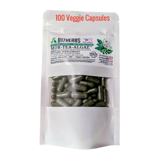 Mor-Tea-Algae Hand Blended Veggie Capsules with Moringa, Matcha Green Tea, Spirulina & Chlorella, 500mg, 100 Capsules