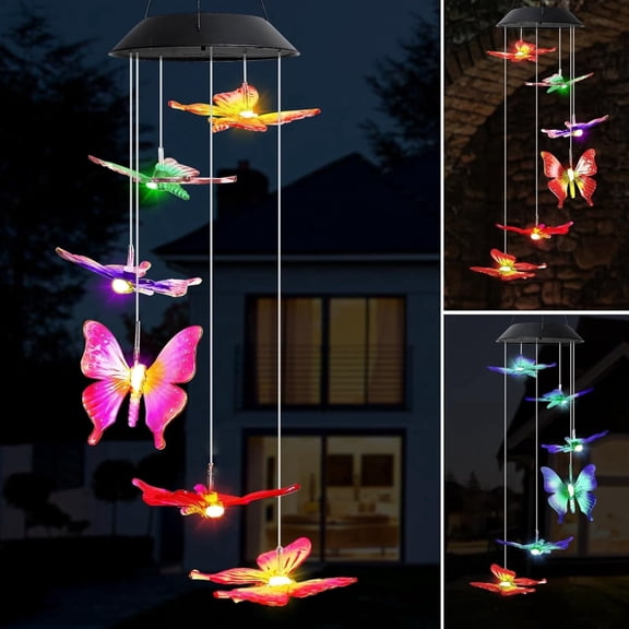 MorTime 25" LED Solar Wind Chime, Color Changing Solar Butterfly Wind Chimes Mobile Hanging Wind Chime for OutsideHome Garden Decoration