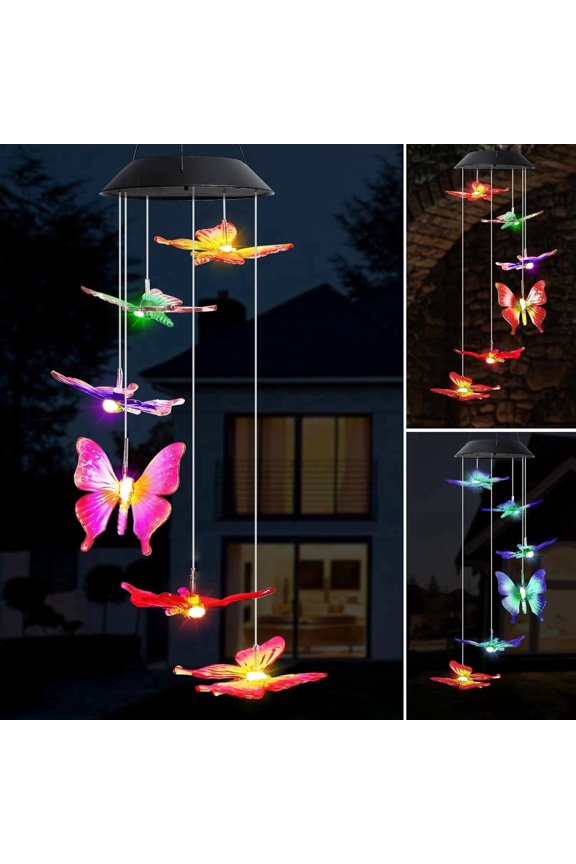 25" LED Solar Wind Chime, Color Changing Solar Butterfly Wind Chimes Mobile Hanging Wind Chime for OutsideHome Garden Decoration