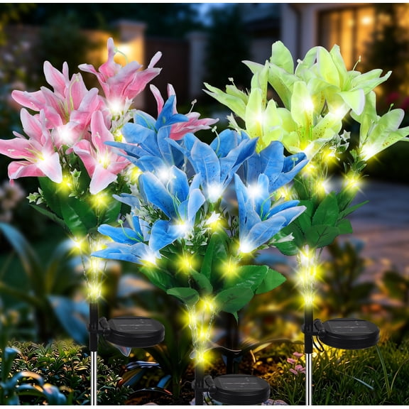 MorTime 3 Pack Multicolor Solar Garden Lights, Yellow Blue Pink LED Solar Flower Lights with Steady/Flashing Modes, Waterproof Solar Stake Lights for Outdoor Garden Pathway Courtyard Lawn Décor