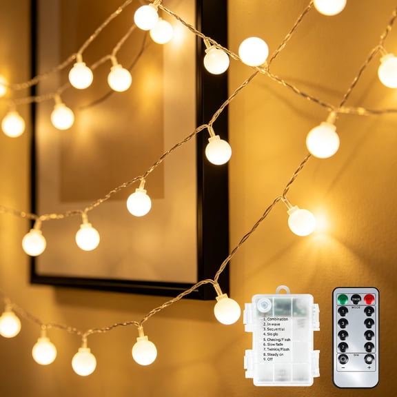 MorTime 33FT 100LED Globe String Lights, Battery Powered Waterproof 8 Modes Hanging Fairy Lights with Remote for Patio Garden Holiday Tree Yard Party Wedding Indoor Outdoor Decor, Warm White