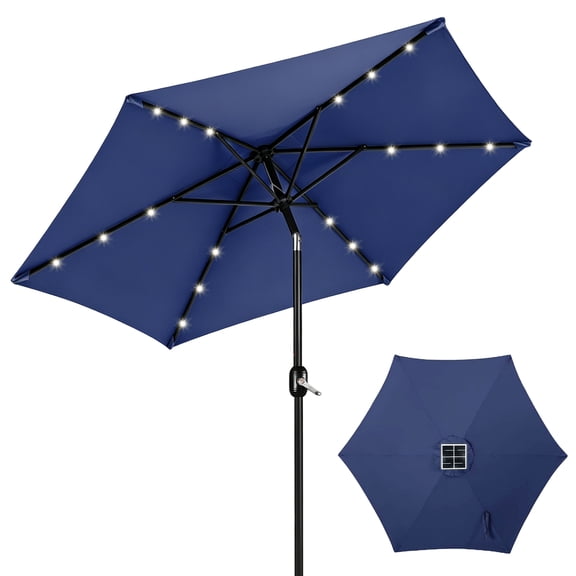 MorTime 7.5 Ft Solar Patio Umbrella, 18 LED Lighted Outdoor Table Market Umbrella 6 Sturdy Ribs with Push Button Tilt and Crank for Garden, Deck, Backyard, Pool and Beach